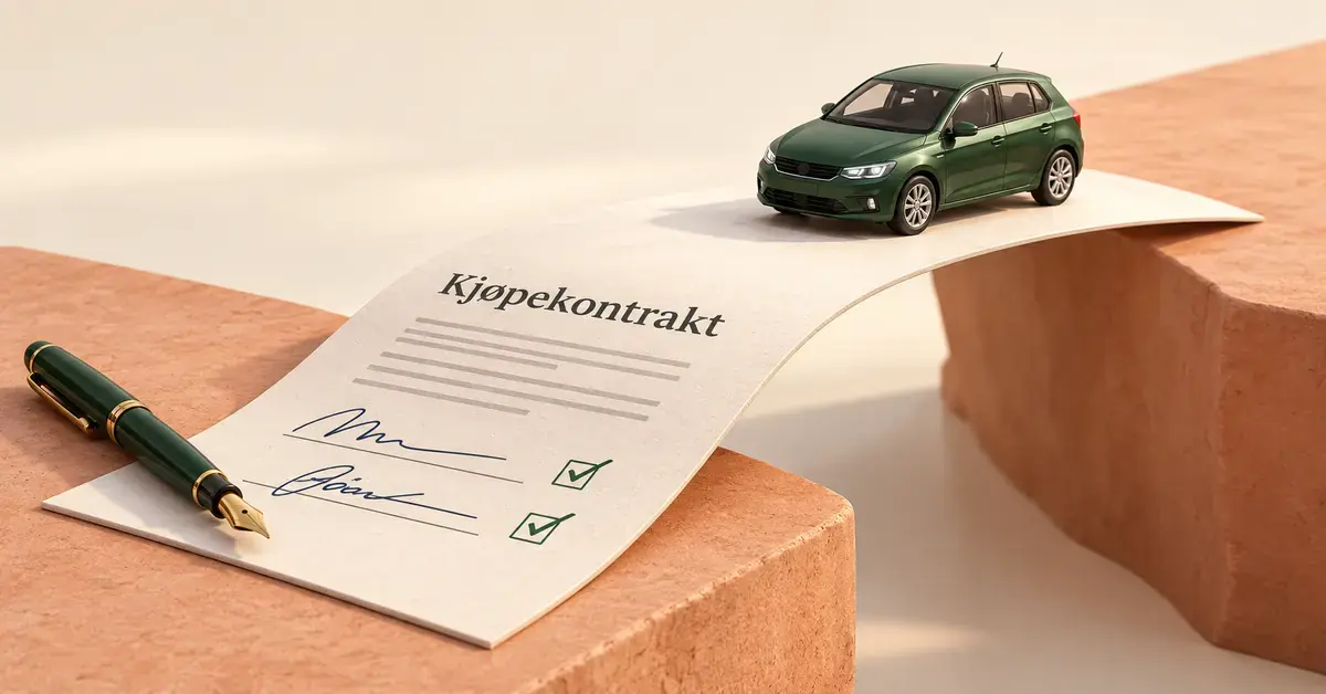 En signert kjøpekontrakt danner en bro mellom to terrakottafargede platåer, med en grønn bil på broen og en fyllepenn ved underskriftene.